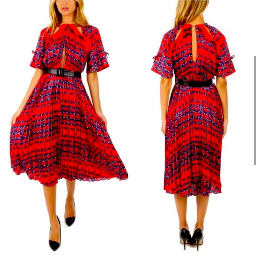 Self-Portrait Organic Print Midi Dress Pleated